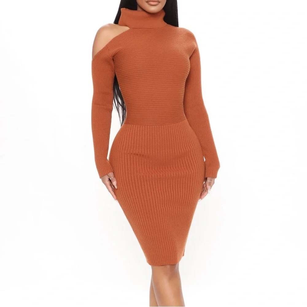 Fashion Nova Warm It Up Sweater Midi Dress M Brown Cutout Turtleneck NWT